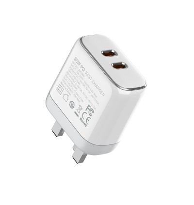 LDNIO A2528M Dual Type-C Port 35W PD GaN Fast Charging Power Adaptor Wall Charger with 100cm Cable (UK Plug)
